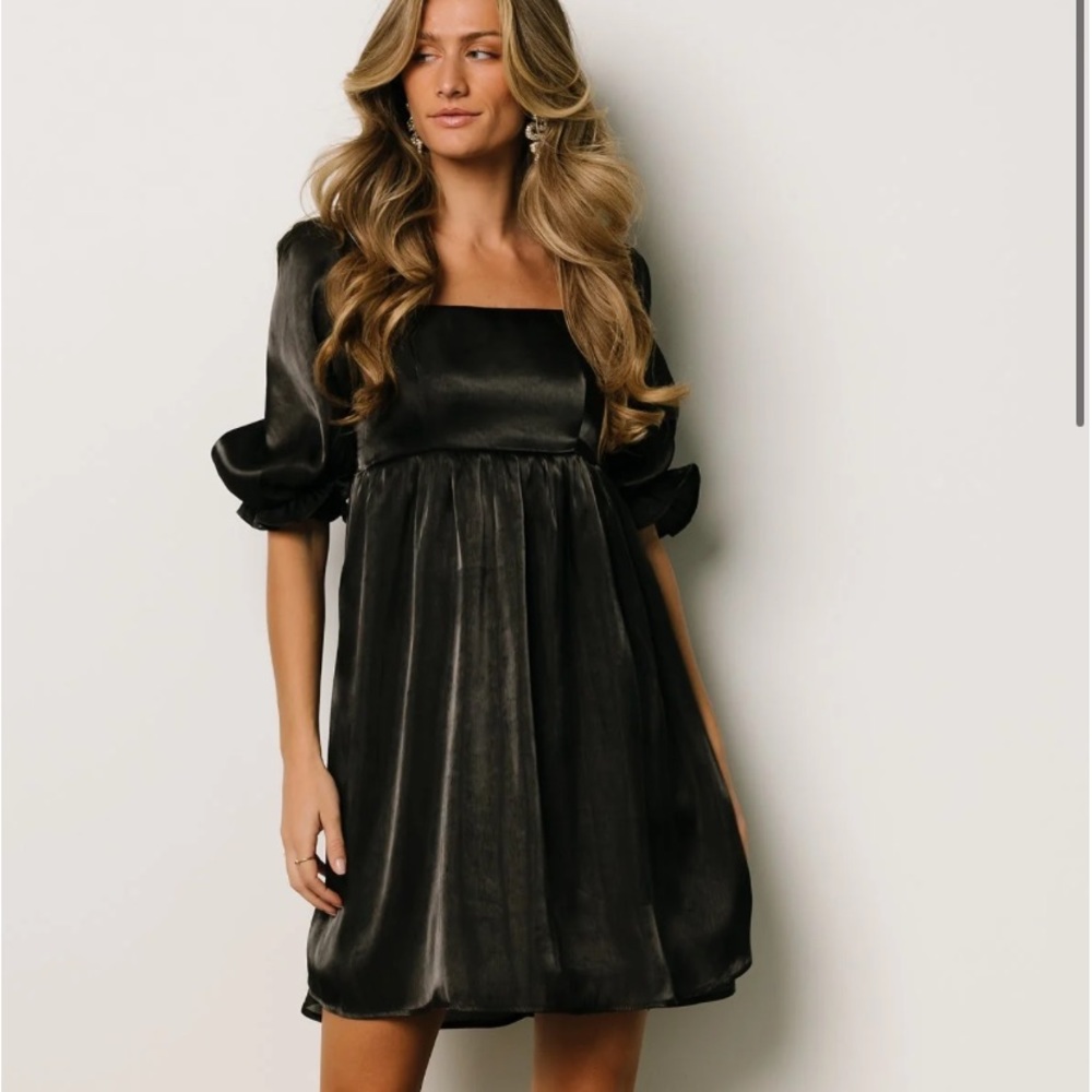 Baltic Born Black Satin Puff Sleeve Mini Dress